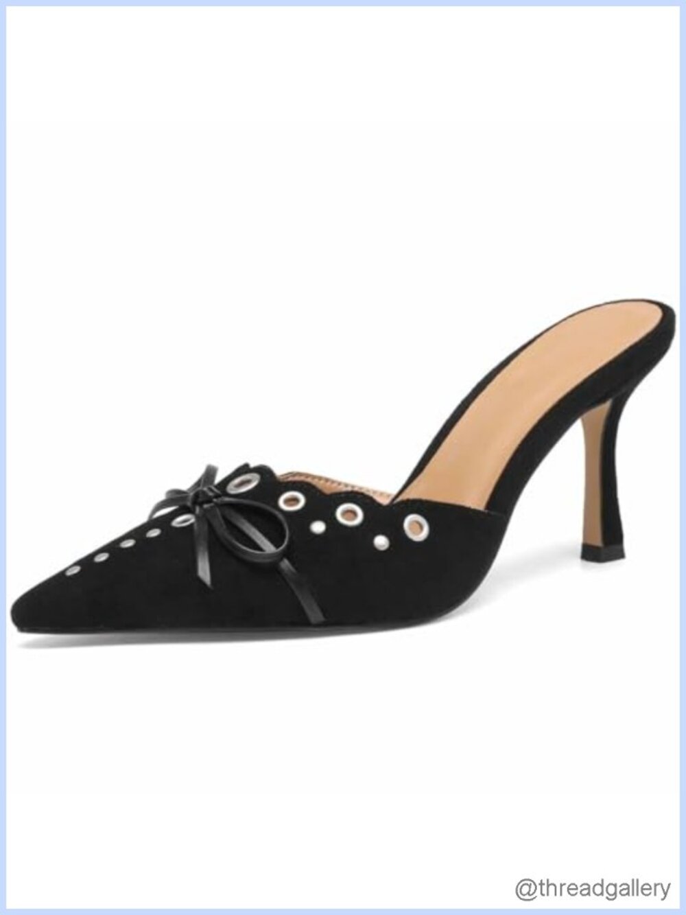 Kitten Heels Pointed Toe Studded Slip On Bow Mules Faux Suede Heeled Sandals